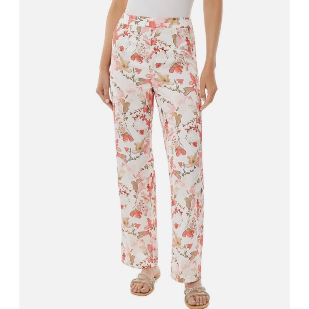Ming Wang Womens 20 White Pink Floral High Waist Wide Leg Satin Pants NWT
